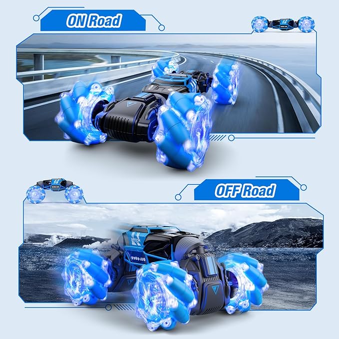 Gesture RC Car, Gesture Sensing RC Stunt Car Toys with Lights & Dance for Kids 6-12 yr, 2.4GHz 4WD Hand Remote Control with Lights Music, Off-Road 360° Rotation Drift for Birthday Toy Gifts-(BLUE)