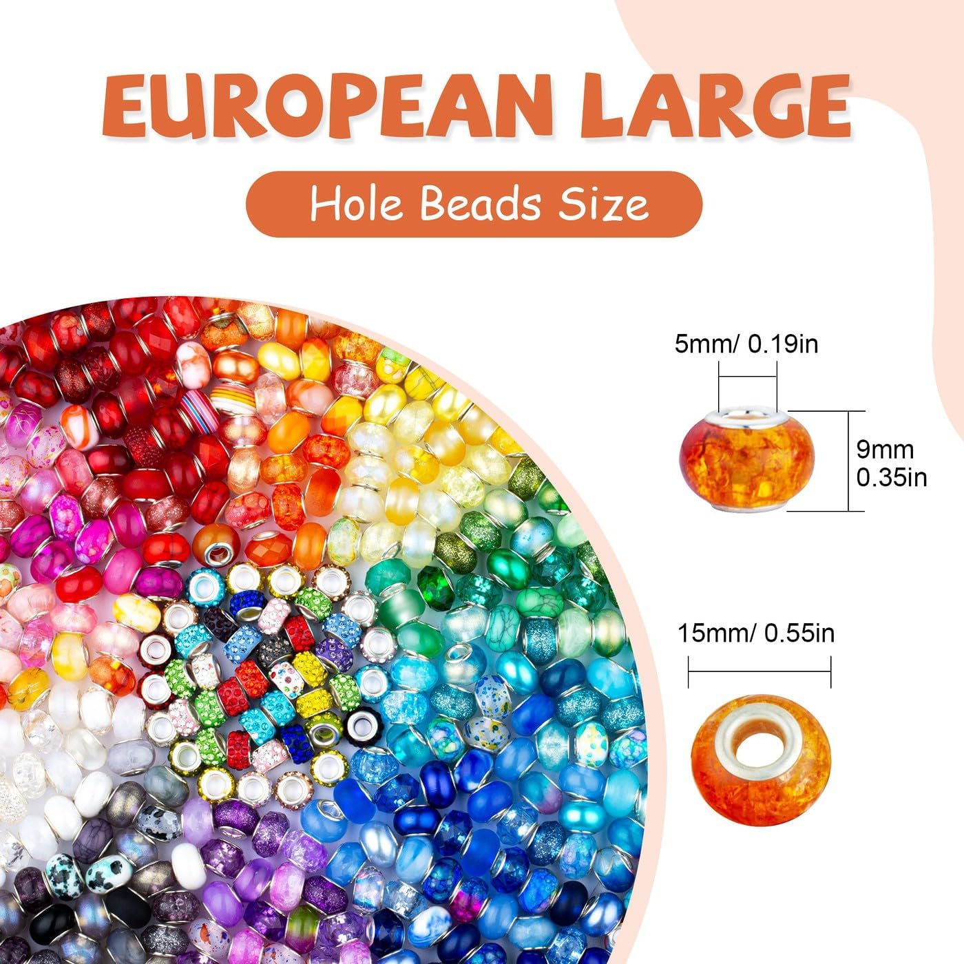 LAIDANLA Rainbow Large Hole Beads, 200pcs 15mm European Style, Resin, Plastic, Acrylic, Round, Loose Beads for Jewelry Making, Crafts, Decoration