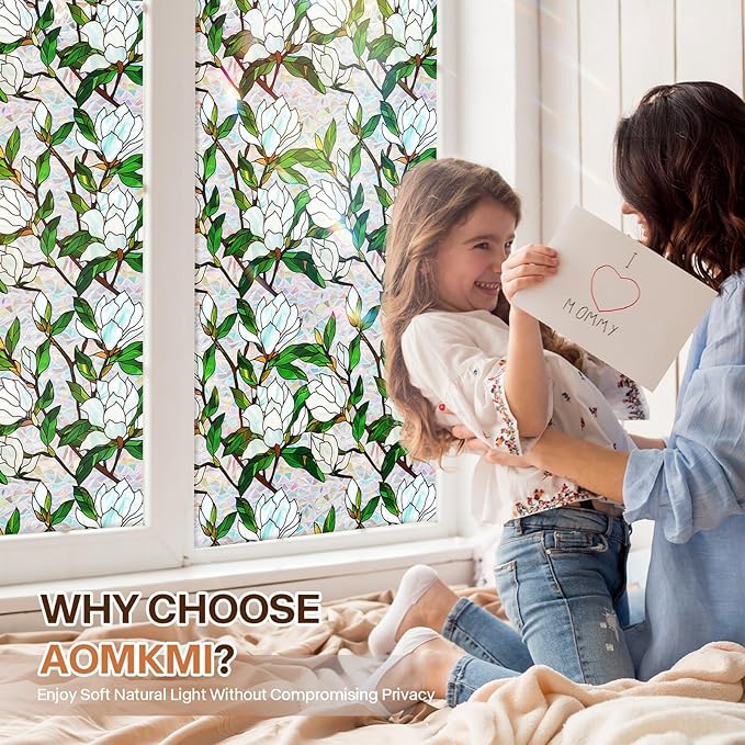 Stained Glass Window Film UV Resistant Window Privacy Film White Floral Privacy Rainbow Decals Living Room Bedroom Sun Blocking Decor Removable Static Cling Stickers 17 x 39.37 Inch
