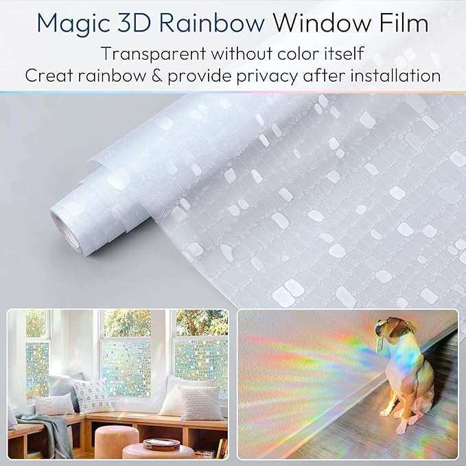 rabbitgoo Window Privacy Film Rainbow Window Film, Mosaic Decorative Stained Glass Cling, Removable Static Cling Tint UV Blocking, Non-Adhesive Privacy Covering, 17.5 x 118.1 inches
