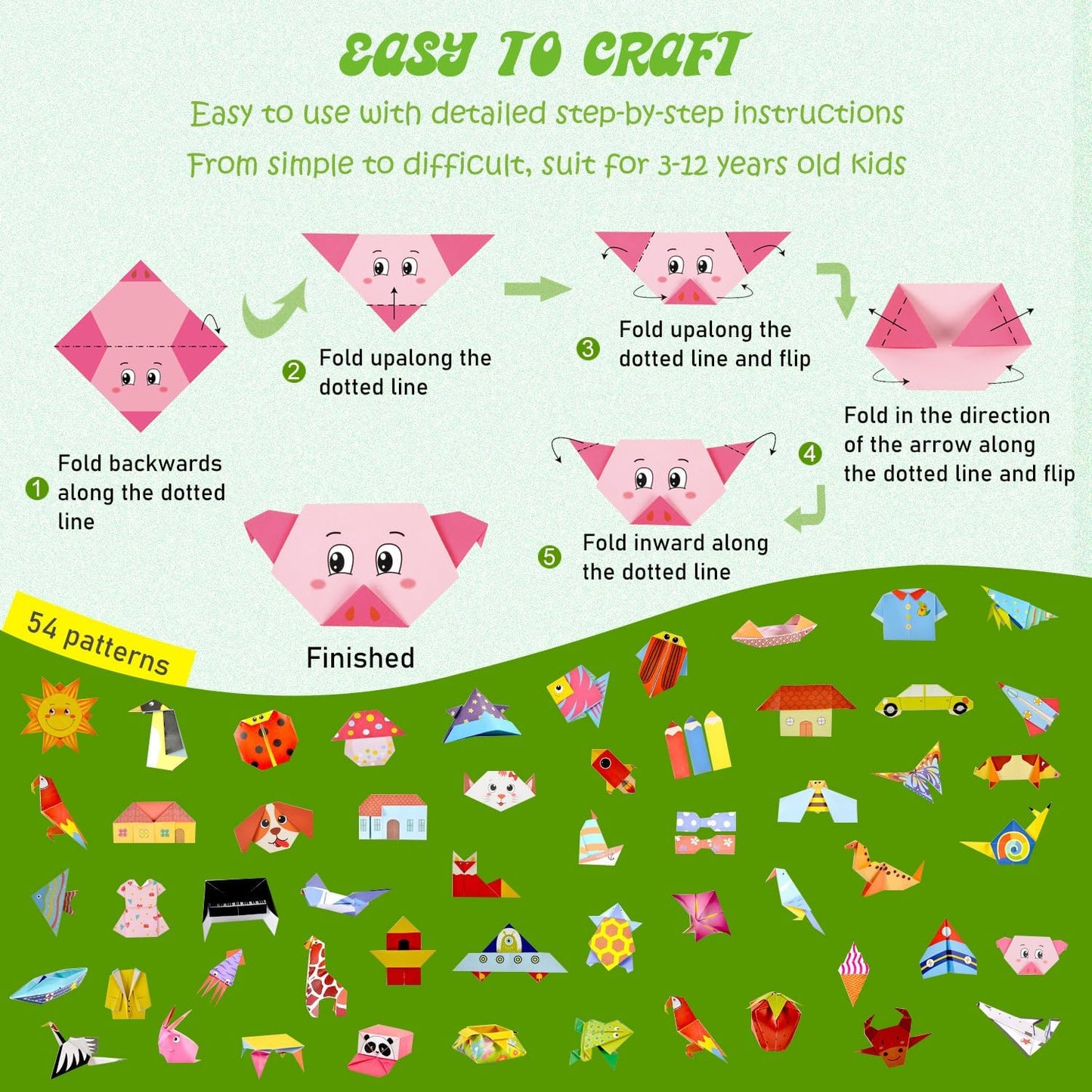 308 Sheets Origami Paper Kit, 5.5inch Craft Origami Set for Kids Ages 5-12, with 54 Patterns & Guiding Book for Beginners, Art Projects for Children Adult, Birthday Christmas Gifts for Boys&Girls