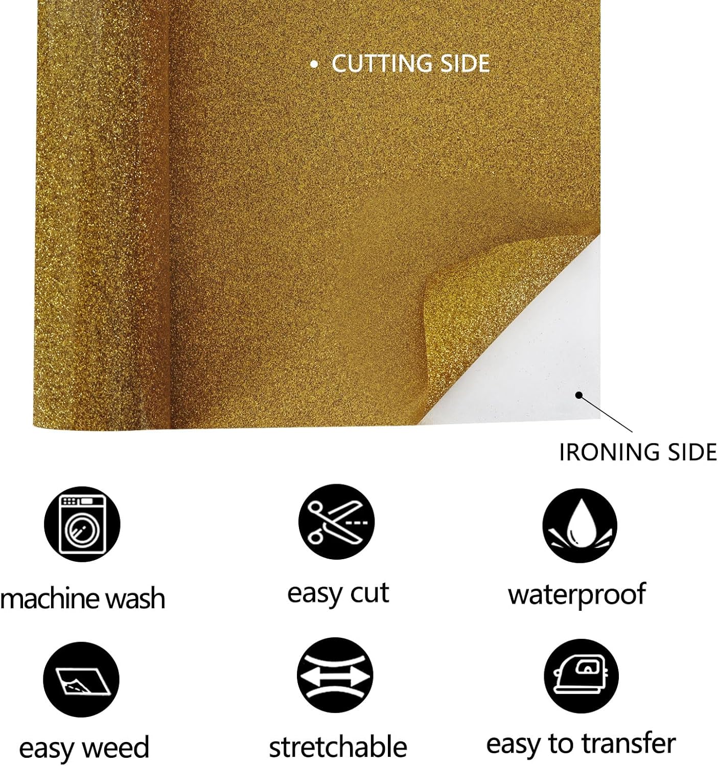 FUNKAKA Glitter Golden HTV Heat Transfer Vinyl Rolls, 12" x 8ft PU Iron on Vinyl for T-Shirt Golden Glitter HTV Vinyl for All Cutter Machines Easy to Cut & Weed for Heat Vinyl Design