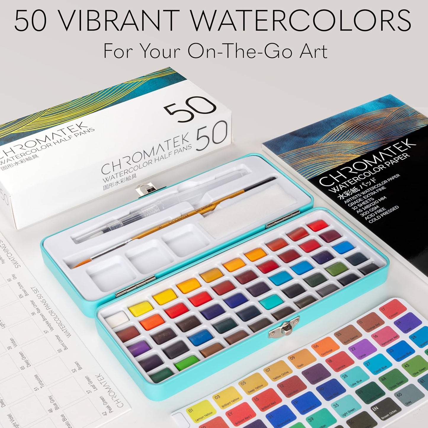 CHROMATEK Watercolor Paint Set – 50 Vivid Colors Including Transparent, Opaque & Pastel – Art Kit with Brush, Water Pen, Palette, Color Chart, Swatch Sheets, Pad & Metal Travel Case
