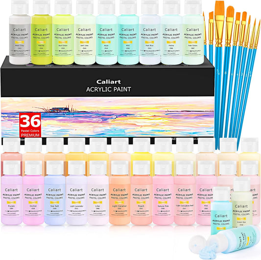 Caliart Acrylic Paint Set with 12 Brushes, 36 Pastel Colors (59ml, 2oz) Art Craft Paint for Artists Adults Beginners Painters, Canvas Ceramic Wood Fabric Rock Painting Supplies Kit