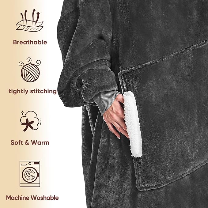 yescool Wearable Blanket Hoodie, Flannel Sherpa Fleece Blanket Sweatshirt for Adults Women Men,One Size Fits All