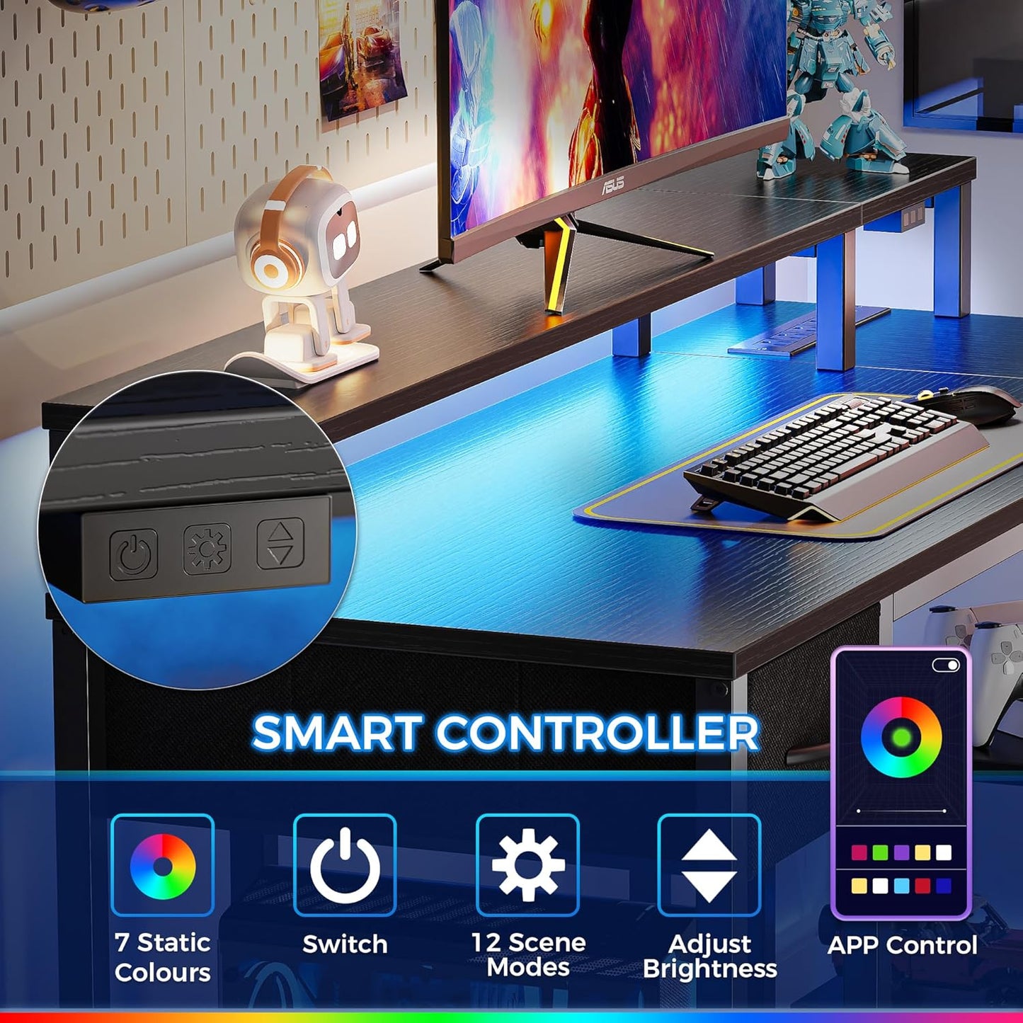 SUPERJARE 53 inch Reversible L Shaped Desk with LED Lights & Power Outlets, Computer Desk with Shelves & Monitor Stand, Gaming Desk with Drawer, Home Office Desk Corner Desk, Black