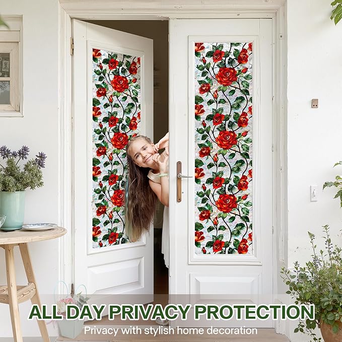 Stained Glass Window Film, Rose Floral Privacy UV Resistant, Removable Static Cling Rainbow Window Decals, Sun Blocking Decor for Bedroom Living Room, 16.93x78.74 Inch