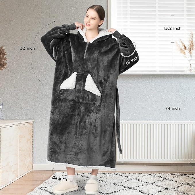Wearable Blanket Hoodie as Gifts for Women, Long Sherpa Fleece Hooded Blankets with Oversize Hood and Pocket, Warm and Cozy Sweatshirt with Belt, Winter Gift