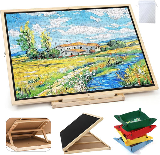 Foldable Puzzle Board, 2-in-1 Tilting & Rotating Wooden Jigsaw Puzzle Table 1500 Pieces with 4 Non-woven Drawers, 36"×26" Portable Puzzle Board with Upgraded Lazy Susan for Adults & Kids, Gift for Mum