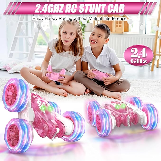 Pink Remote Control Car for Girls Rechargeable Fast Direct Charging RC Cars For Kids with Colorful Light,Double-Sided 360° Rotating Stunt Car 4WD RC Truck Toys for Ages 5-7 Gift for Girls Aged 6-12