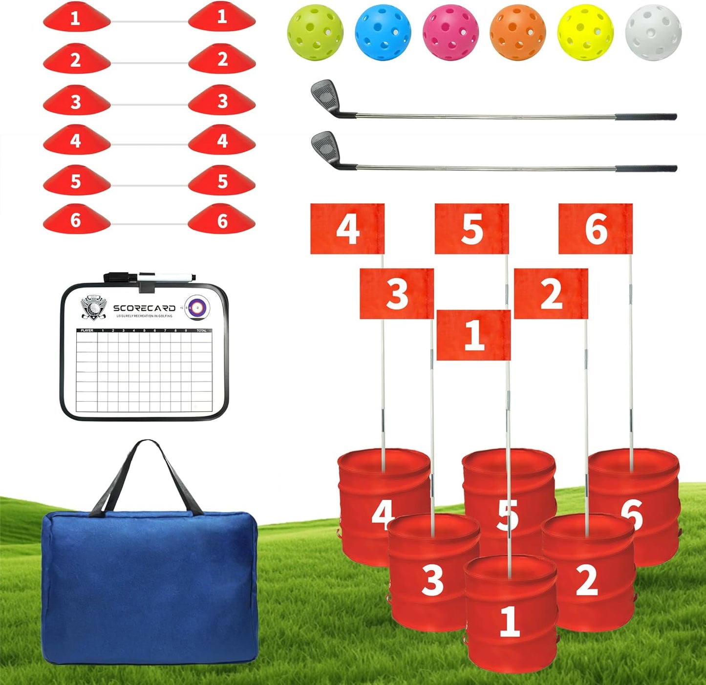 Golf Bucket Yard Game - 6 Hole Course With 2 Clubs, Balls and Flag for Adults and Family - Outdoor Lawn Chipping Games for Backyard, Beach, Park, Camping and Hotel