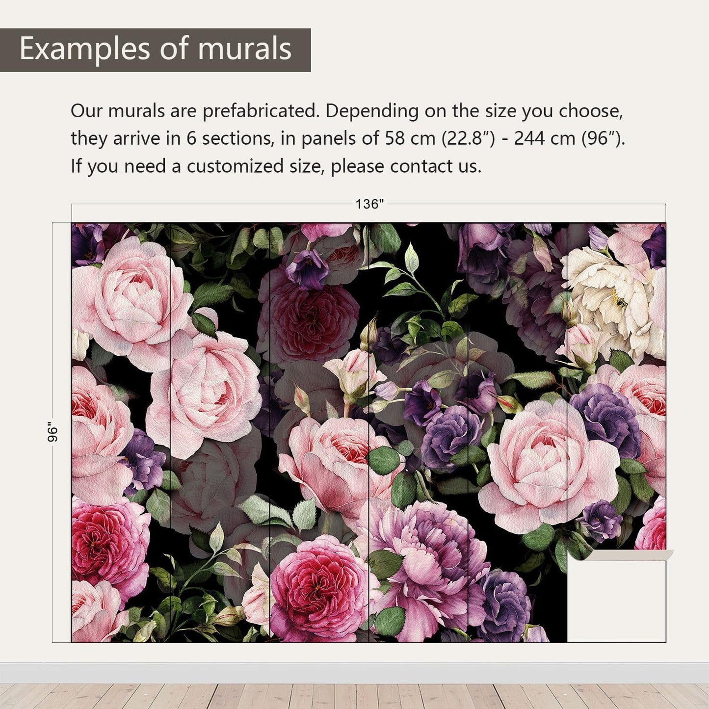 AFZEVEB-Black Watercolor Purple Peony Flower Wallpaper Wall murals for Bedroom 136"x96"(Not Peel and Stick)