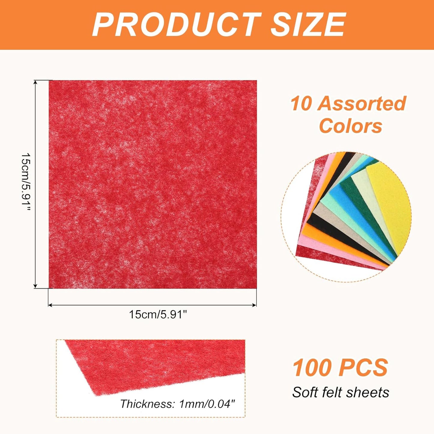 MECCANIXITY Felt Square Shape Craft Felt Sheets 5.91Inch x 5.91Inch for Home Decor Party Crafting Art, 10 Colors, Pack of 100