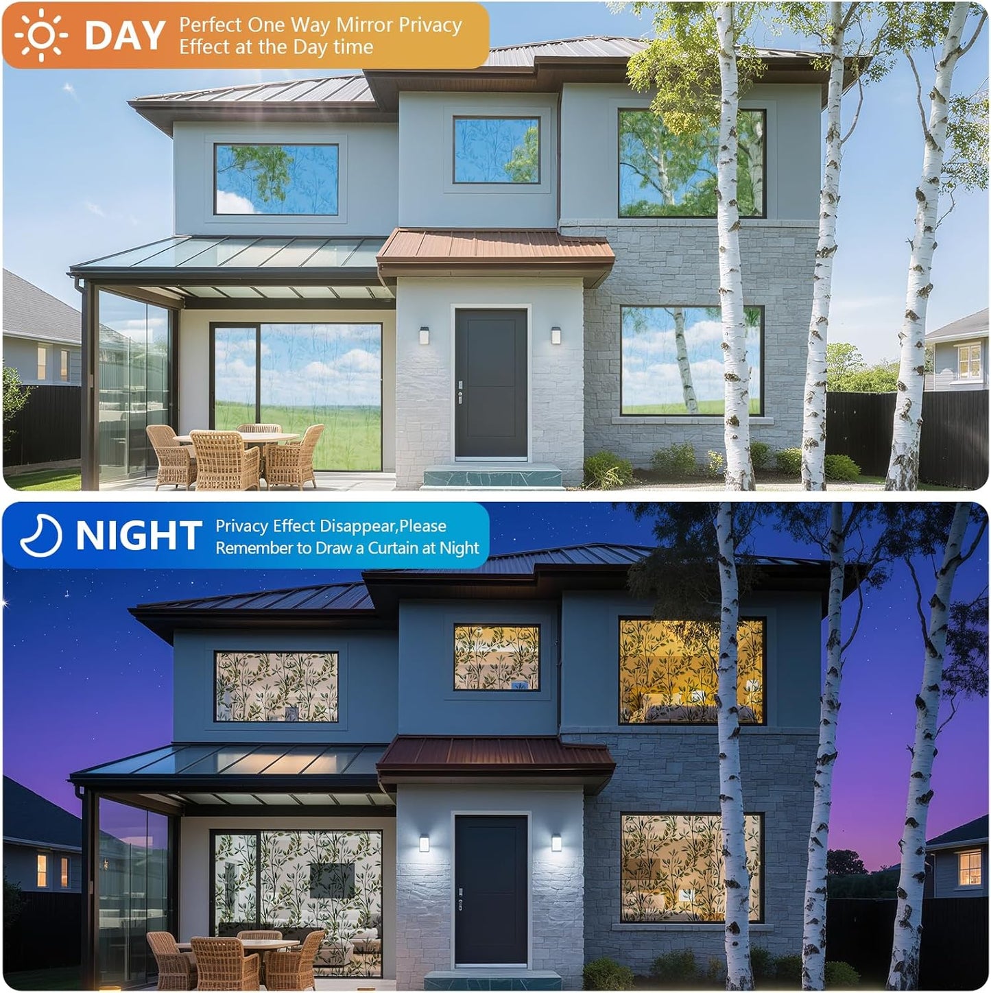 NINETREX One Way Window Privacy Film, Daytime Privacy Static Cling Sun Blocking Anti UV Reflective Window Tint for Home and Office 23.6 x 78.7 inches, Silver Leaf