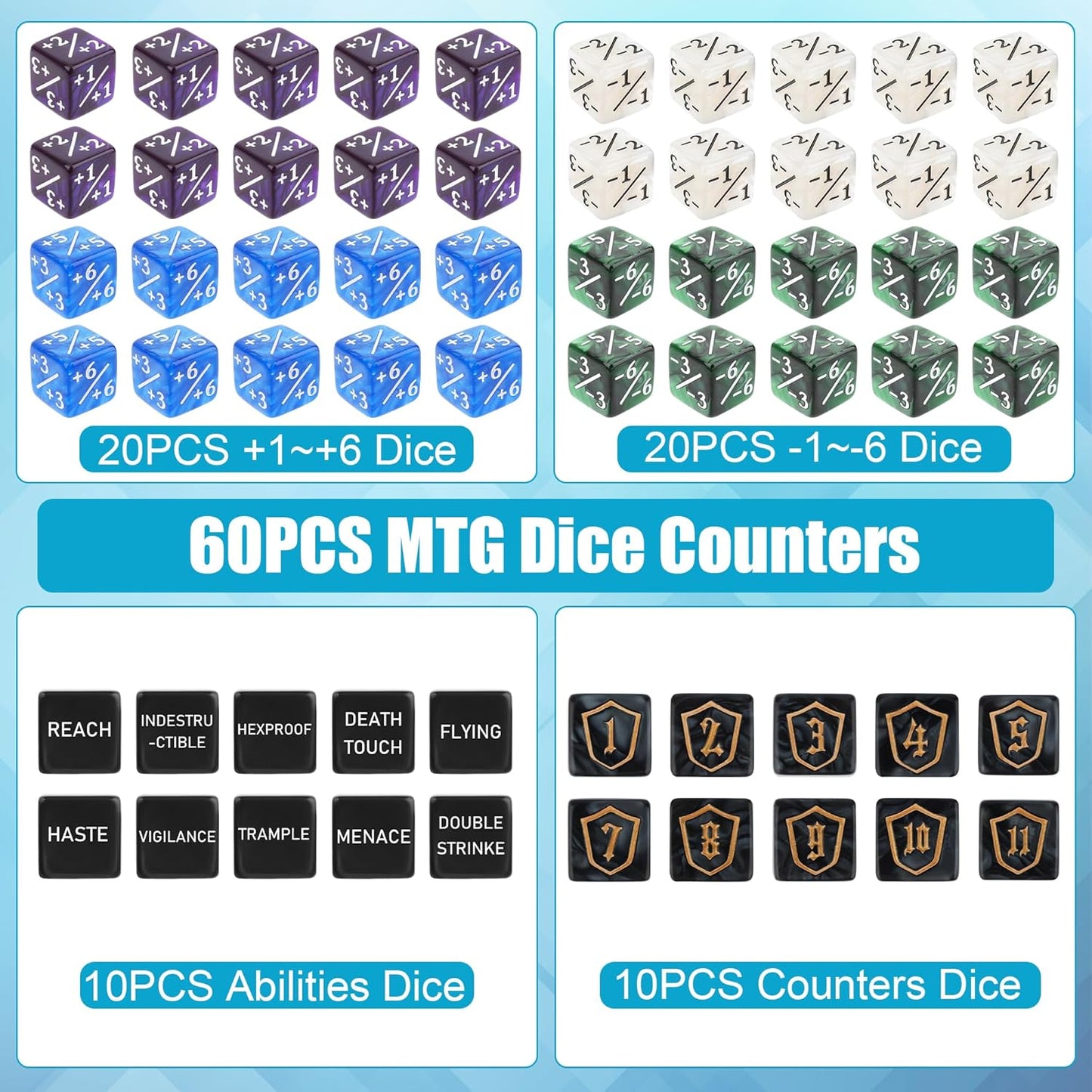 60PCS MTG Counters Set, Anglekai MTG Dice Counters for TCG Card Games, 10P Life Ability Keywords/ 40P -1/+1 Buff Tokens/ 10P Shield/Bag