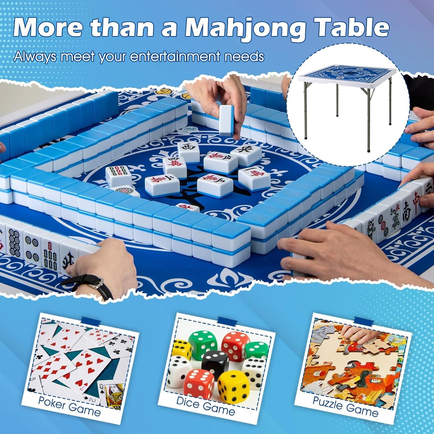 Giantex Folding Mahjong Table, 35" Square Card Table with Cup Holders, Removable Noise Reduction Mat, HDPE Tabletop, 4-Player Portable Domino Tables for Poker Blackjack Board Game (Blue)