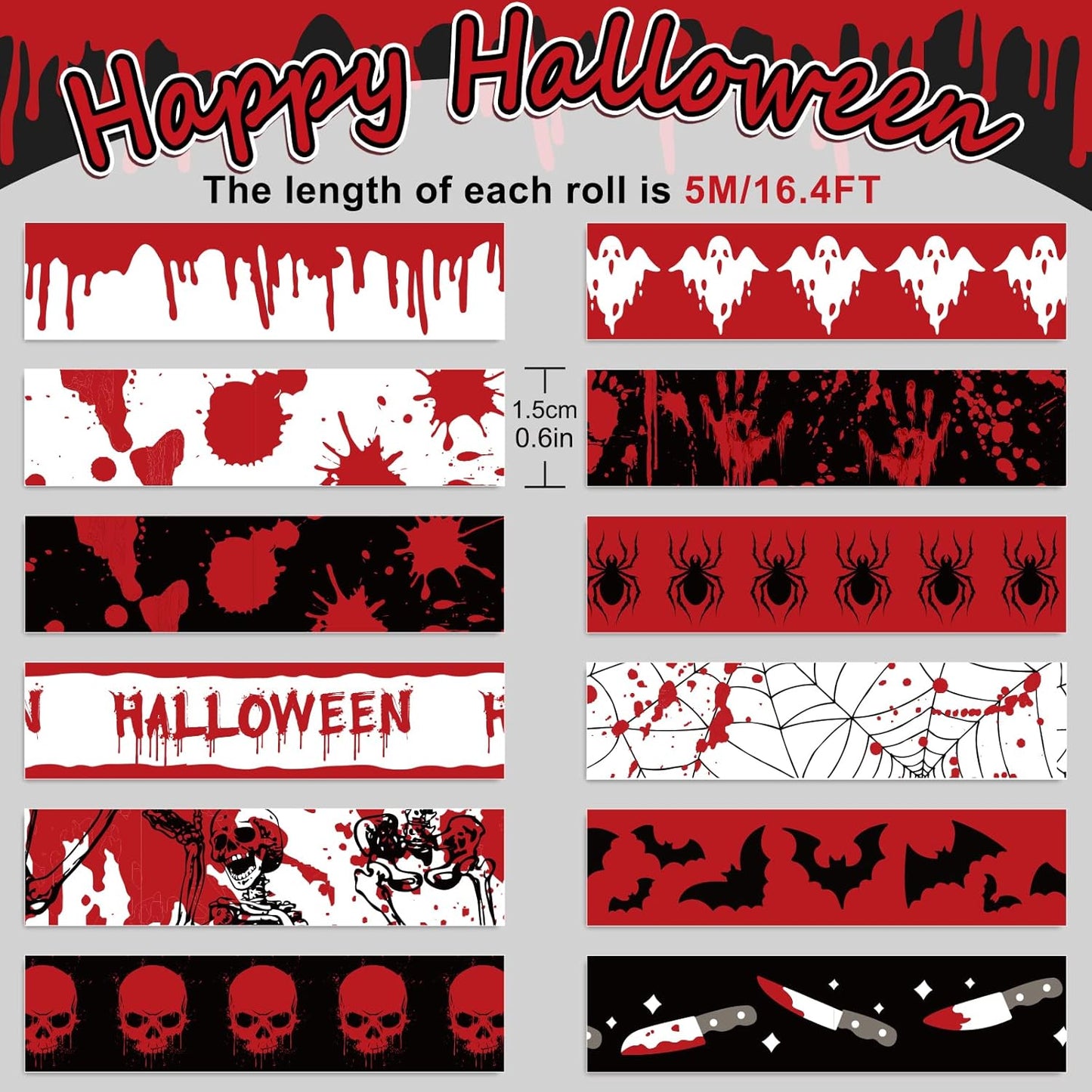 Whaline 12 Rolls Halloween Bloody Washi Tapes Blood Spatter Spooky Bloodstain Skull Ghost Masking Tapes 15mm Scary Bloody Washi Tape Set for Scrapbook Journal DIY Craft Gift Wrapping, 16.4Ft