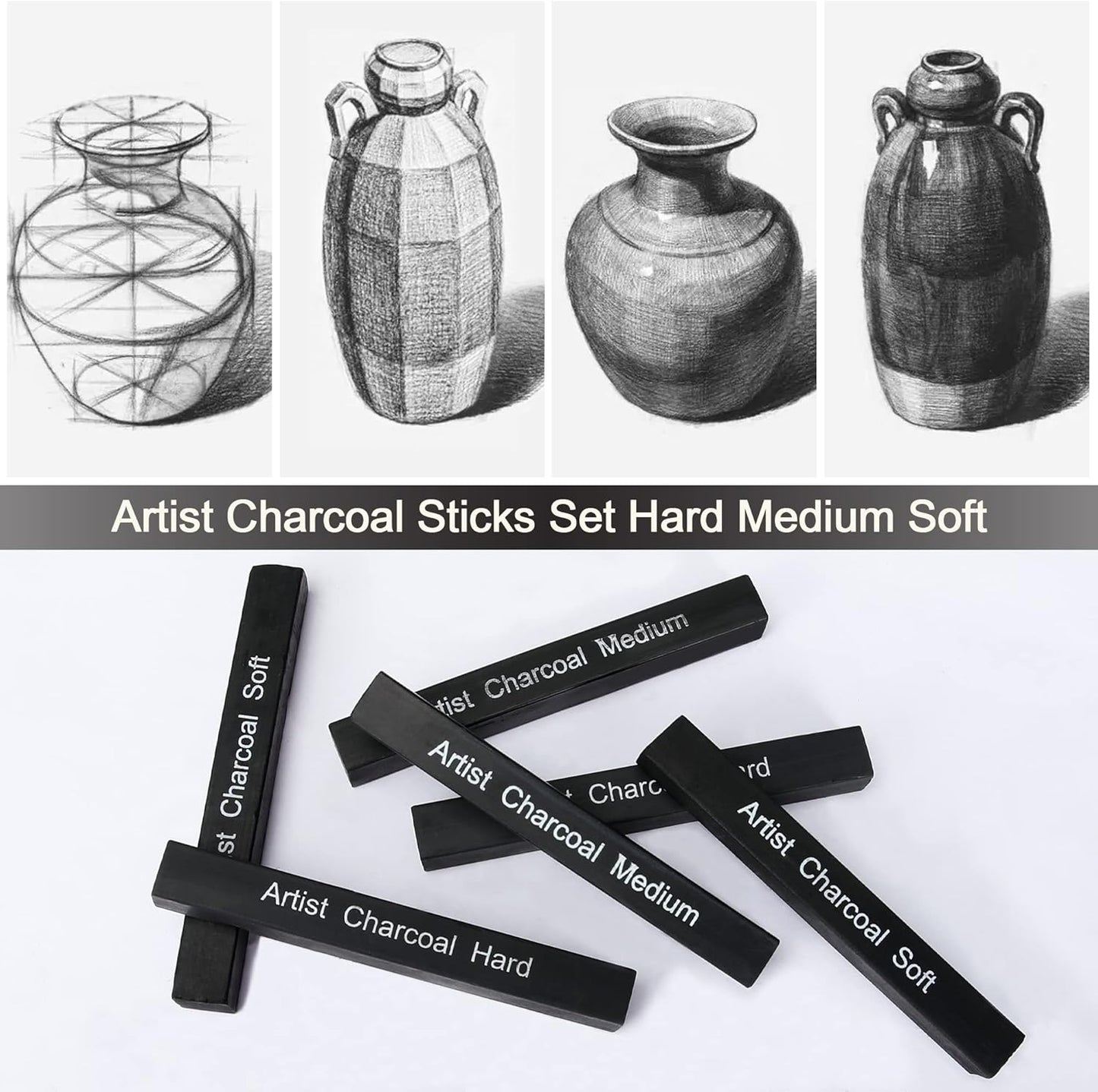 12 Pack Compressed Charcoal Sticks, Vine Charcoal Stick for Drawing, Sketching, Shading, Art Supplies Sketch Kits Tools Soft, Medium and Hard Grade