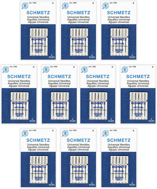 SCHMETZ Universal Sewing Machine Needles - Size 80/12, 5-Needle Cards, Pack of 10