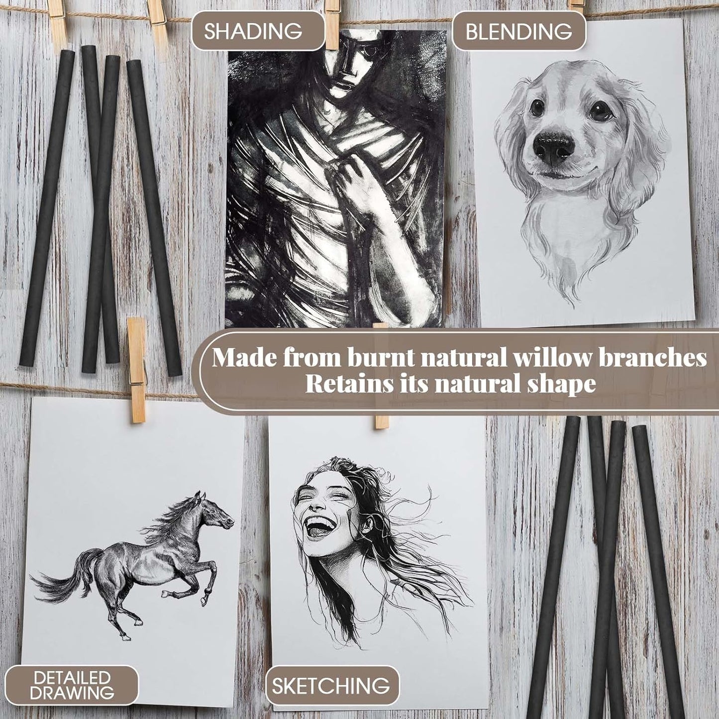 Gueevin 50 Pcs Willow Charcoal Sticks, Willow Charcoal, Artists, Beginners, Students, Perfect for Sketching, Drawing, Shading, and Fine Art Christmas Gifts for Art (7-9mm)