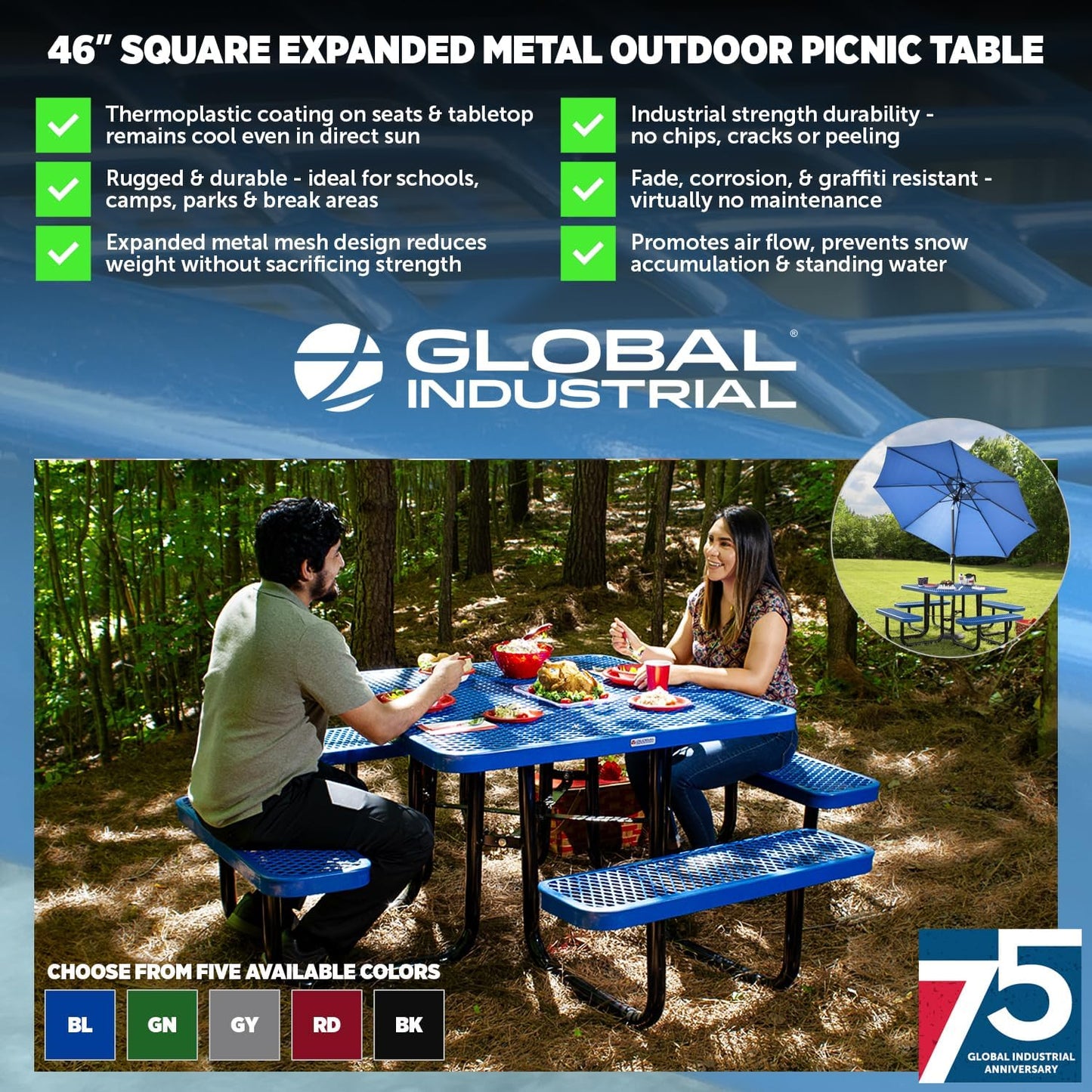 Global Industrial 46" Square Picnic Table, Expanded Metal, Gray Thermoplastic Coating, Attached Benches, 1-1/2” Umbrella Pole Hole, Outdoor-Rated, 1000 lb Capacity