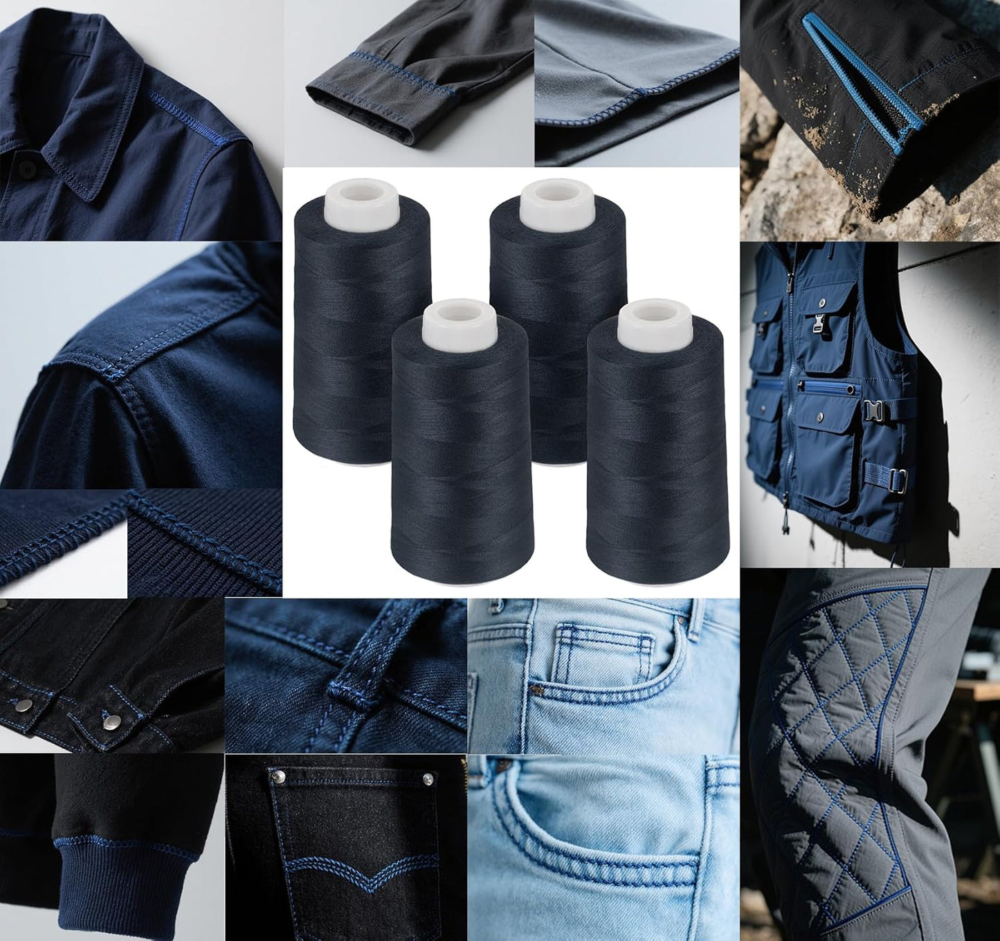 4 Pack Navy Blue Thread, 3000 Yards Denim Thread for Jeans, Polyester Sewing for Serger&Overlock, Quilting, Piecing, Sewing Machine