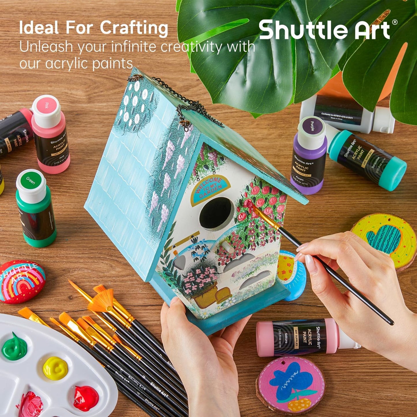 Shuttle Art Acrylic Paint Set, 36 Colors Acrylic Paint with Brushes & Palette, 2oz/60ml Bottles, Rich Pigments Non-toxic for Artists Kids & Adults, Painting on Canvas Rock Ceramic Wood