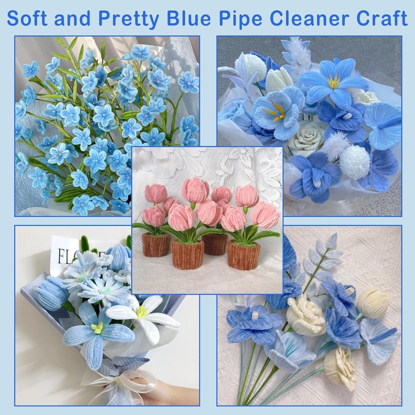600Pcs Pipe Cleaners Craft,Multiple Assorted Colors Pipe Cleaners Bulk, Chenille Stems for DIY Flower Making Kit with Floral Wires, Gardening Tape,Stamen& Ribbon (Blue)
