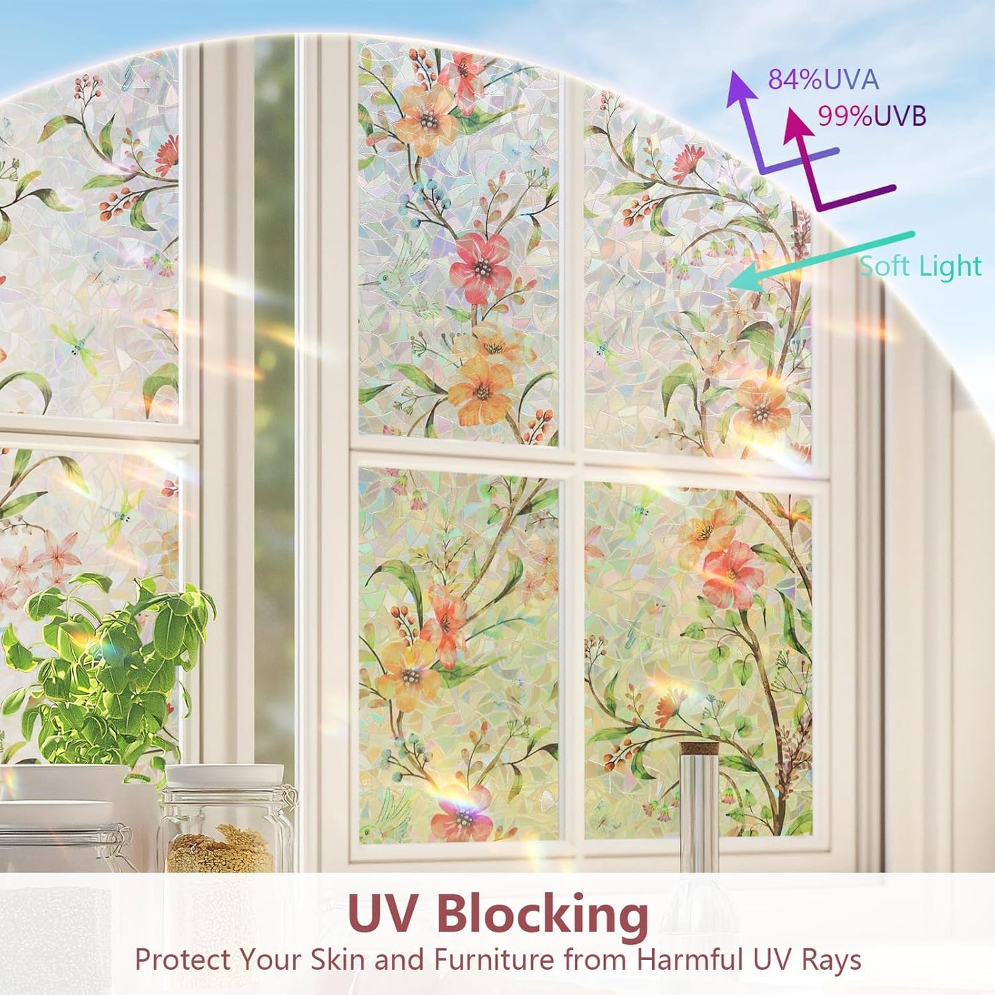 NINETREX Window Privacy Film,Stained Glass Window Film,Rainbow Decorative Stickers Static Cling Anti UV Heat Control for Home Decor (Galsang Flower,35.4 x 78.7inch)