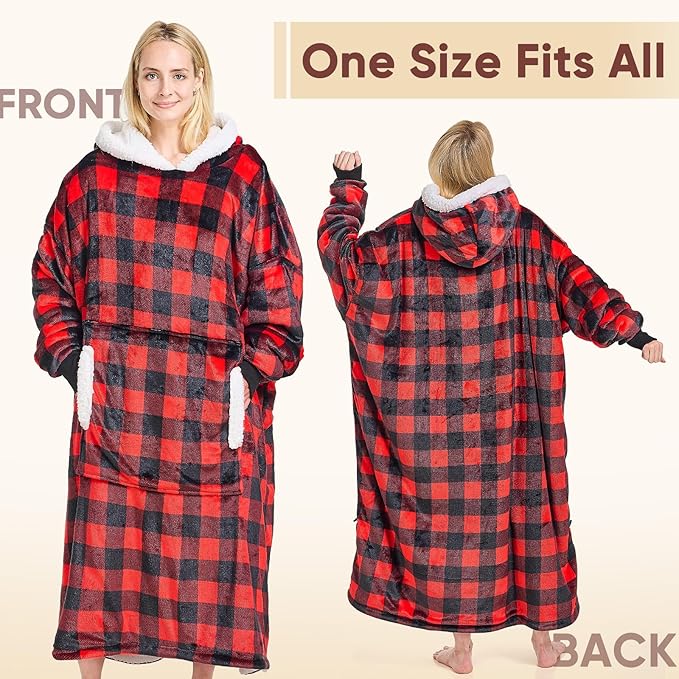 yescool Wearable Blanket Hoodie, Flannel Sherpa Fleece Blanket Sweatshirt for Adults Women Men,One Size Fits All