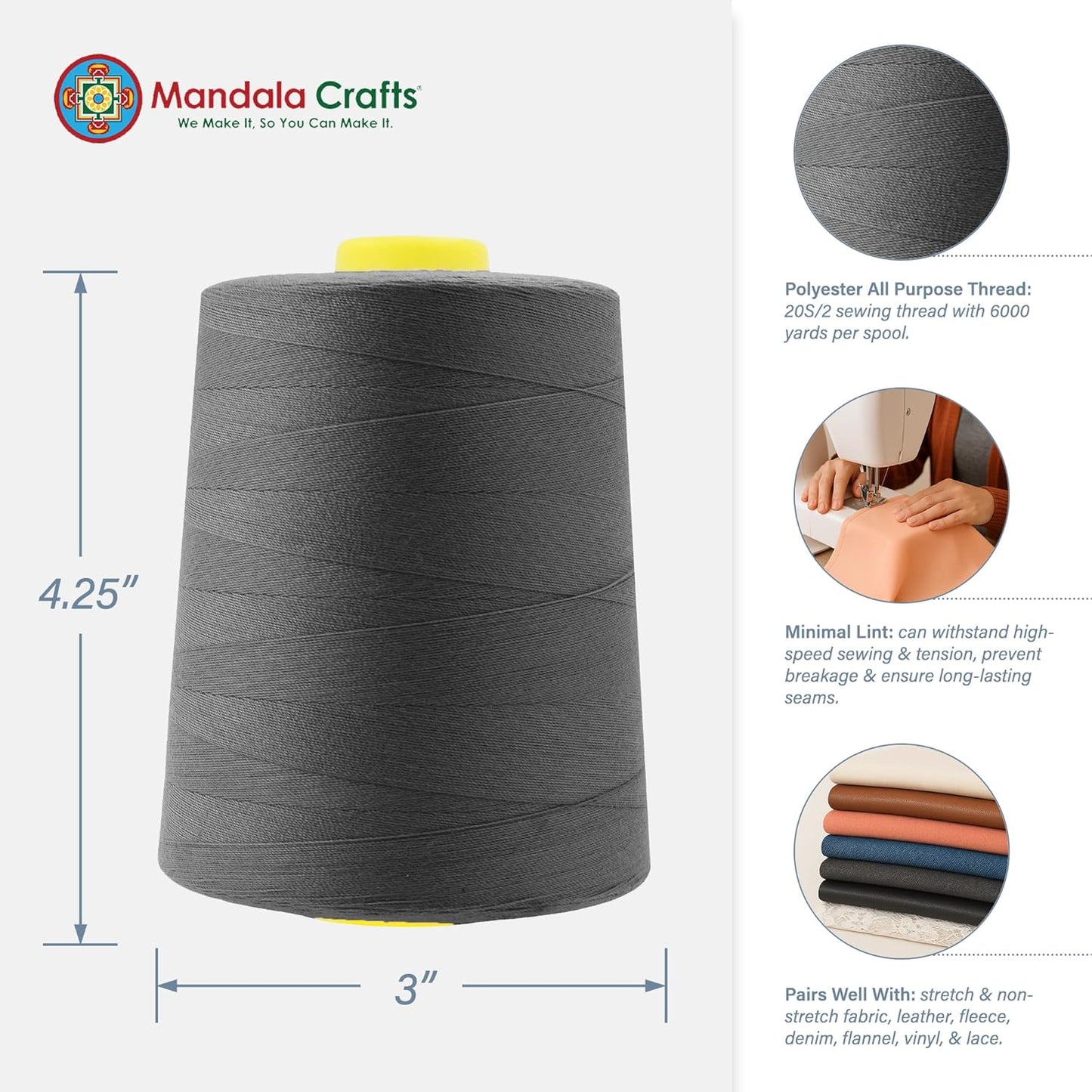 Mandala Crafts 4 Pack of Serger Threads Cones Spools - 20S/2 24000 Yards Polyester Charcoal Gray Threads for Sergers Machine and Overlock Quilting Sewing Machine