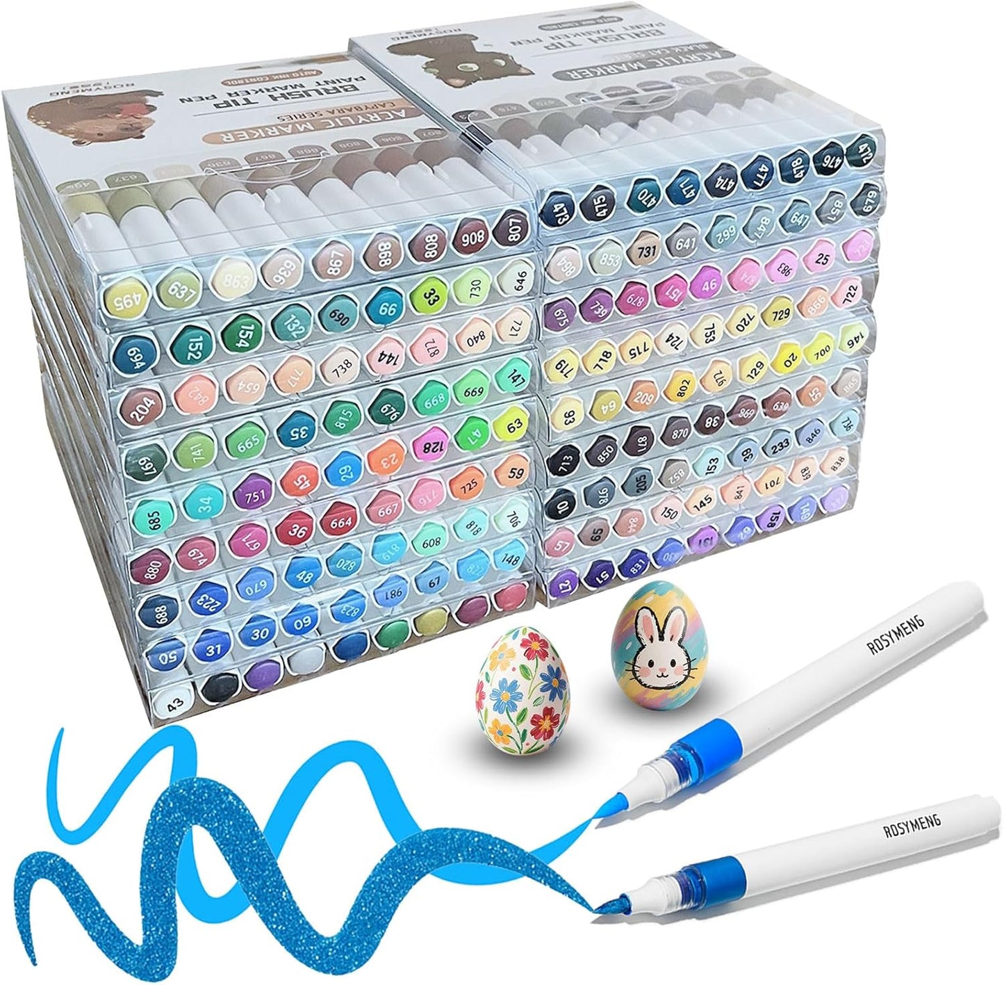 ROSYMENG Acrylic Paint Markers, 154 Colors + 8 Metal Colors - Large Ink Capacity, High Coverage with Brush Tip Acrylic Paint Pens, Suitable for Wood, Glass, Rock, and Fabric - Student School Supplies