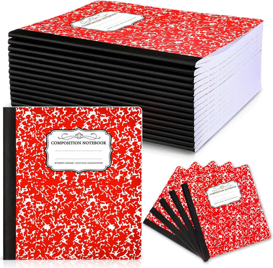 Seajan 20 Pack Composition Notebooks, Wide Ruled Paper, 7-1/2" x 9-3/4" Marble Hard Covers, 60 Sheets, Composition Notebooks Bulk for Students Back to School Adults Office Supplies(Red)