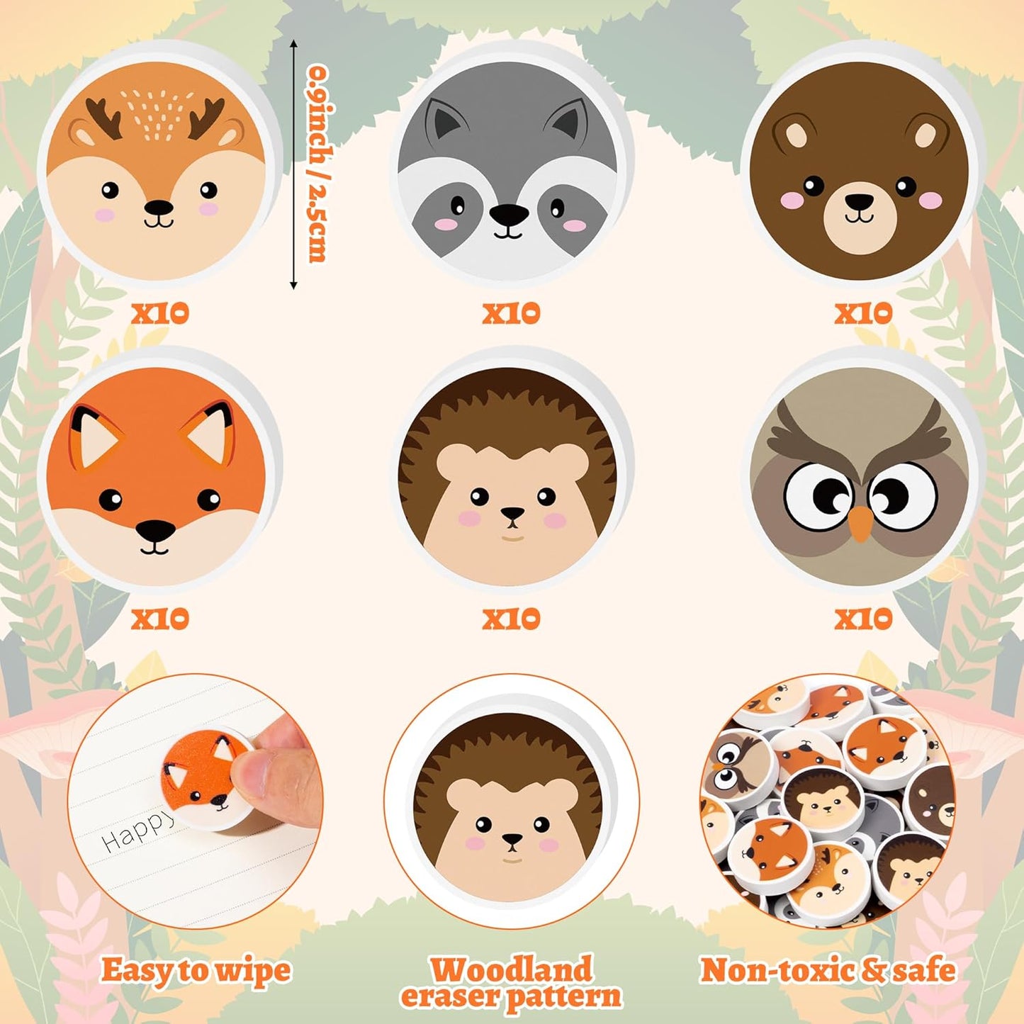 Woodland Animals Mini Eraser for Kids - 60Pcs Cute Animal Hedgehog Bear Assortment Novelty Pencil Erasers Bulk Cute Cartoon Stationery for Classroom Reward Fall Party Goodies Fillers Supplies