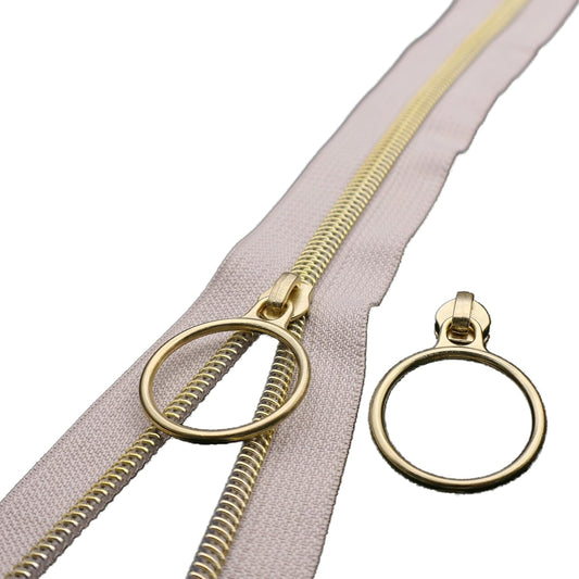 Leekayer #5 Gold Metallic Nylon Coil Zippers by The Yard Bulk 10 Yards Beige Zipper Tape with 25pcs Gold Ring Pull Sliders for DIY Sewing Tailor Craft Bag(Beige)