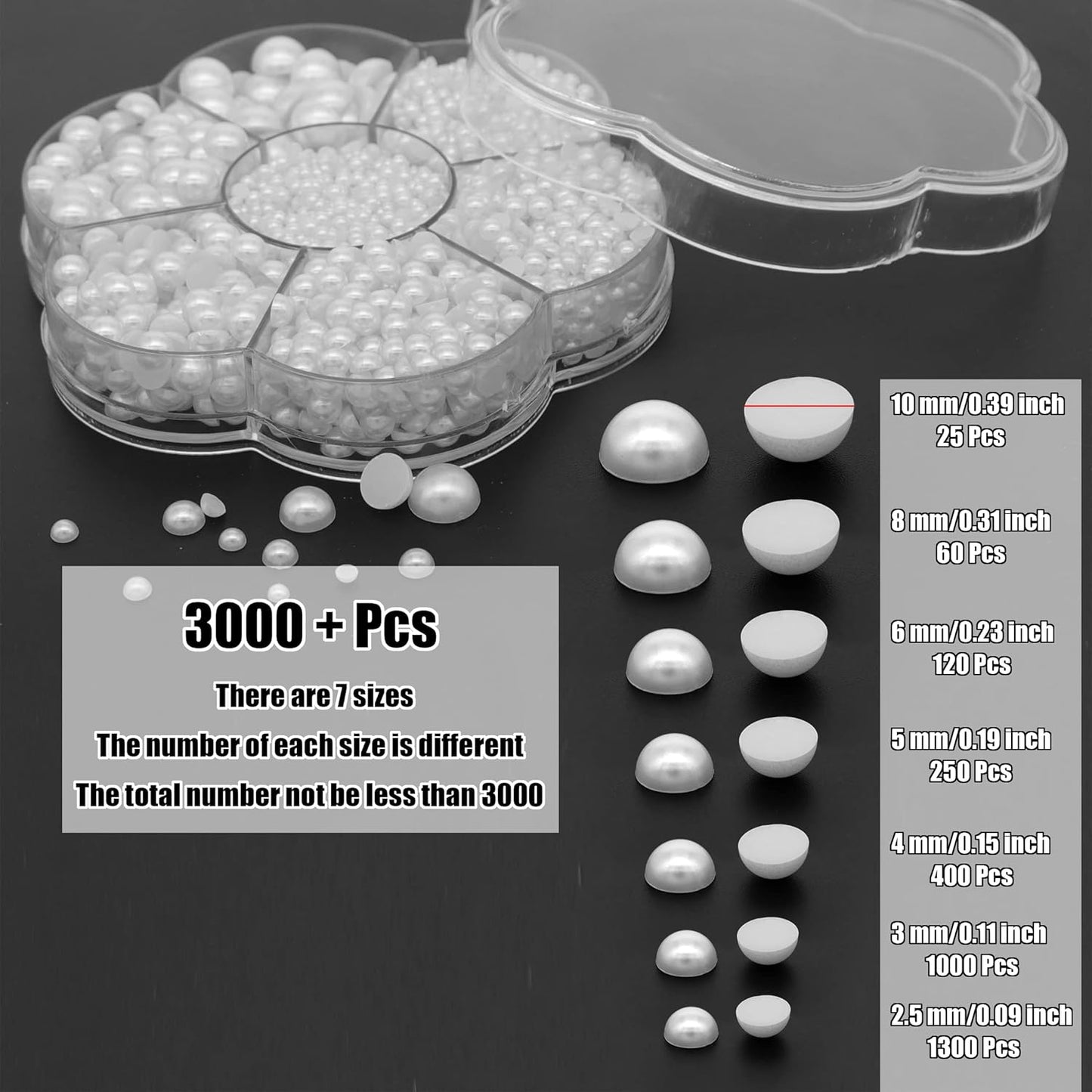 YAKA 3000PCS 1 Box 7Sizes 2.5/3/4/5/6/8/10mm Flat Back Half Round Pearl Cabochon Bead Loose Beads Gem for Nail Craft Scrapbook DIY Decoration (White)