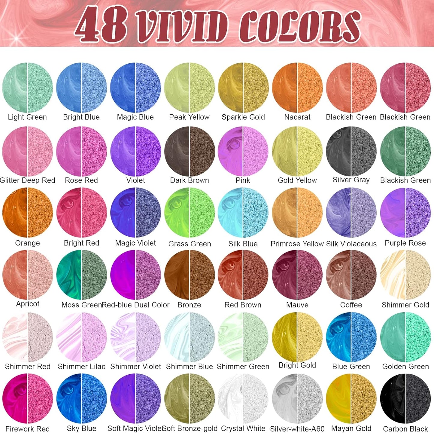 CHANGTIKEJI Mica Powder，48 Colors - 10g/Bottle of Natural Pigment Powder for Epoxy Resin，Soap Making，Candle Making,Lip Gloss,Car Freshies,Dye,Nail Polish,Bath Bombs
