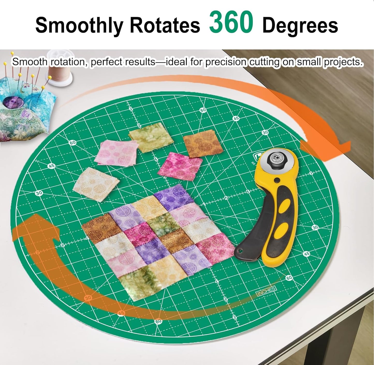 Headley Tools 13"x13" Round Rotating Cutting Mat, Self Healing Mat with 360-Degree Rotation & Anti-Slip Base, Sewing Board Cutting Mat Perfect for Fabric Quilting Leather Hobby Project, Green