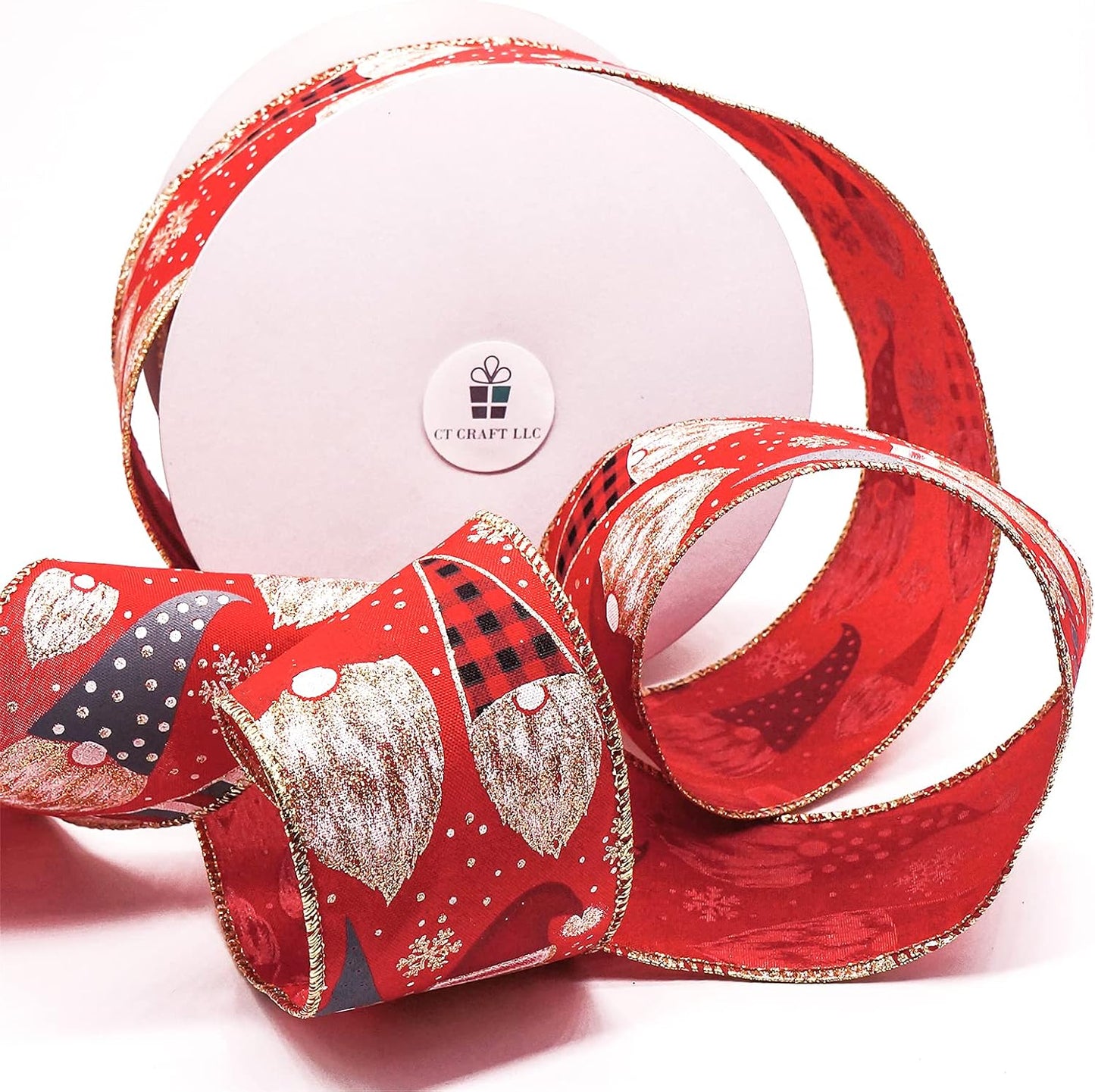 CT CRAFT LLC Red Satin with Elf Christmas Wired Ribbon 2.5 Inch x 25 Yards for Christmas Home Decor Tree Topper Bow Gift Wrapping DIY Crafts Wreath Garland