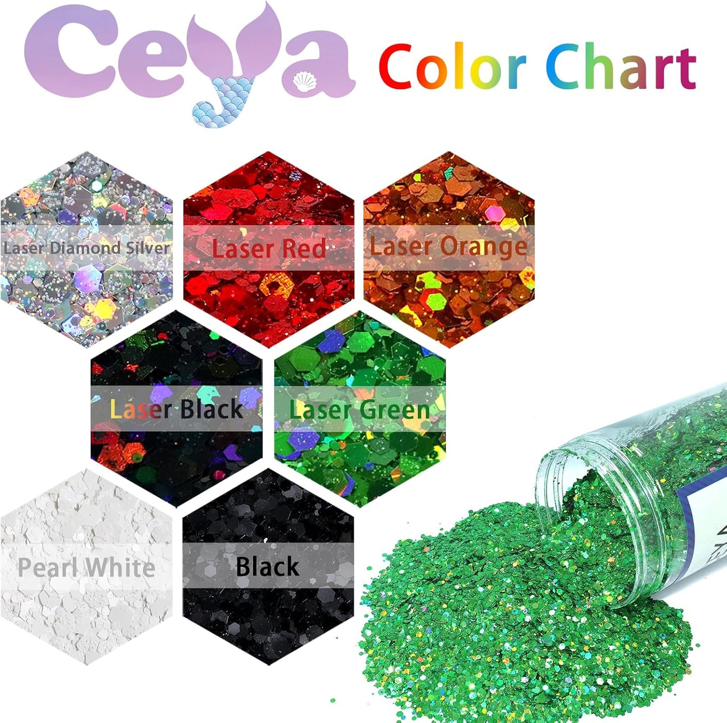Ceya Holographic Chunky Glitter, 1 LB/ 16OZ Laser Black Bulk Craft Glitter Mixed Chunky Fine Glitter Bottled Metallic Flake Nail Sequins for Resin, Tumblers, Scrapbooking, Festival Decor, Art Project