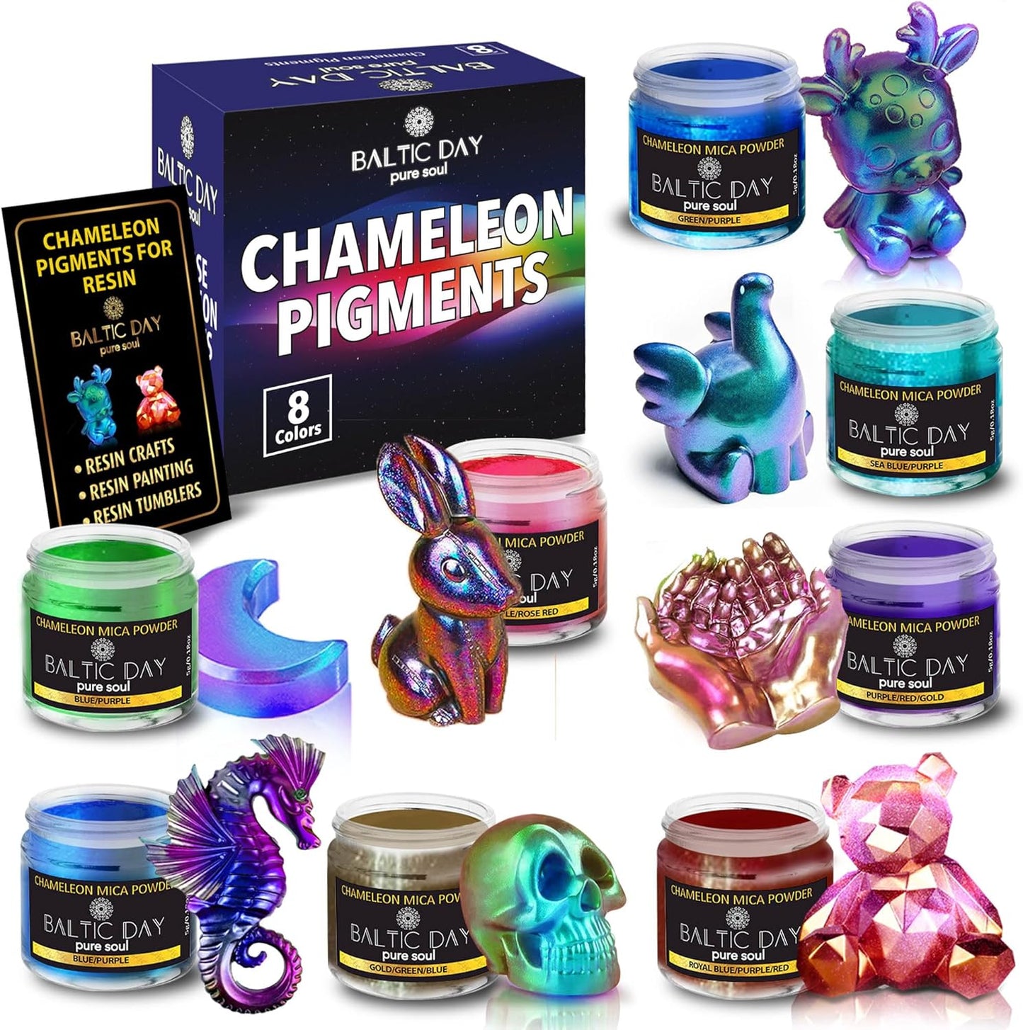 BALTIC DAY - Chameleon Mica Powder, 8 Jars of Color Shift Mica Powder Set - Epoxy Resin Color Pigment Powder - Chameleon Powder - Holographic Mica Powder - Nr2