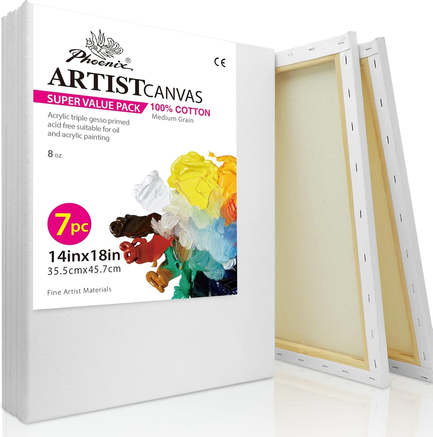 PHOENIX Large Stretched Canvas for Painting 14x18 Inch/7 Value Pack, 8 Oz Triple Primed 5/8 Inch Profile 100% Cotton White Blank Canvas, Large Framed Canvas for Oil Acrylic & Pouring Art