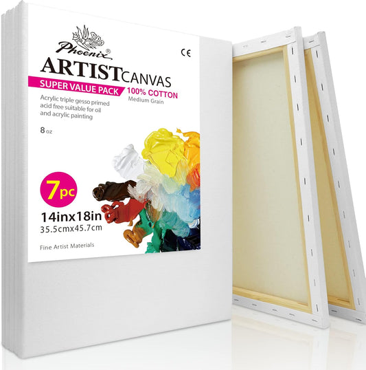 PHOENIX Large Stretched Canvas for Painting 14x18 Inch/7 Value Pack, 8 Oz Triple Primed 5/8 Inch Profile 100% Cotton White Blank Canvas, Large Framed Canvas for Oil Acrylic & Pouring Art