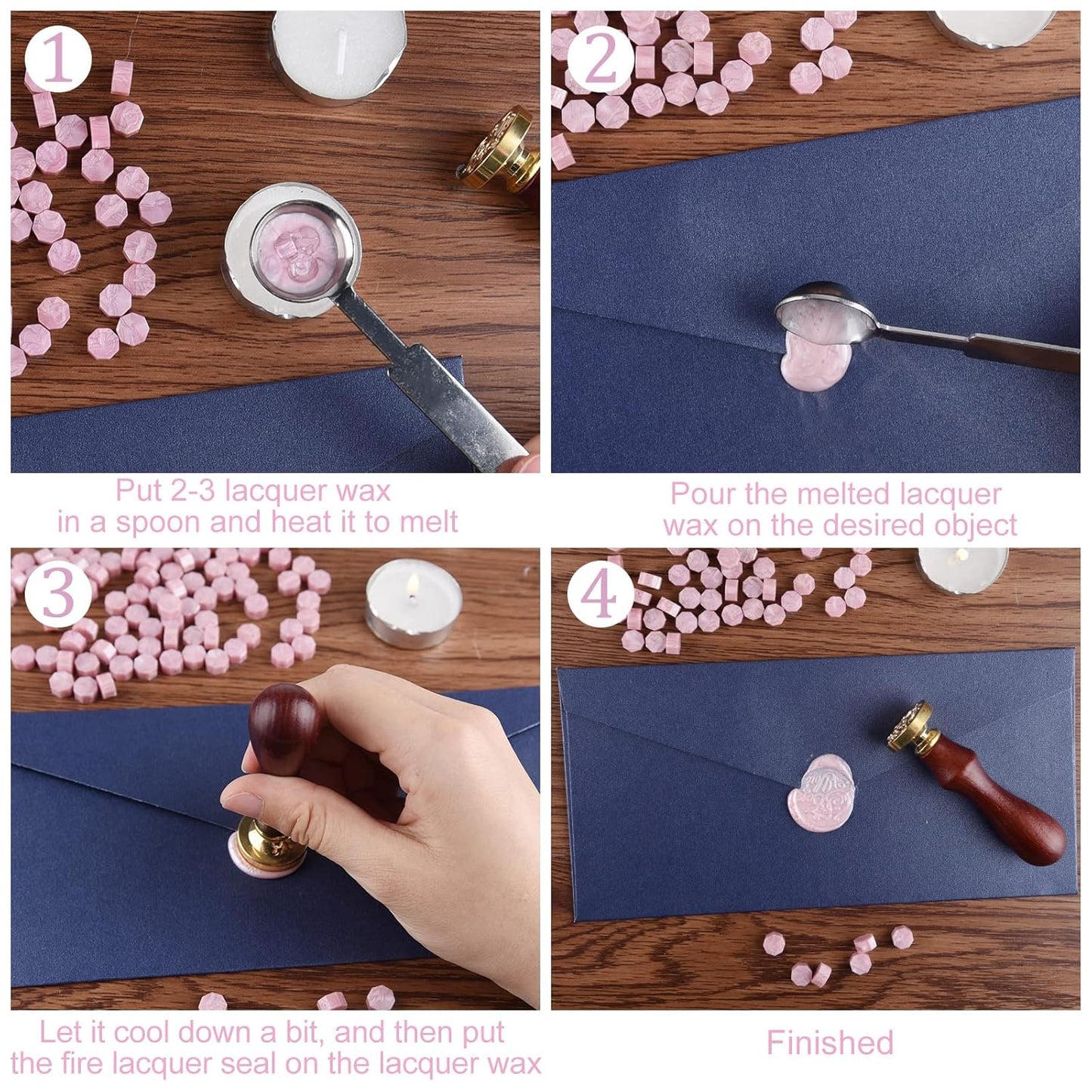 500 Pcs Wax Seal Kit - Pink Octagon Sealing Beads With 4 Tea Candles and 1 Melting Spoon for Crafts, Letters, Wine, Greeting Cards