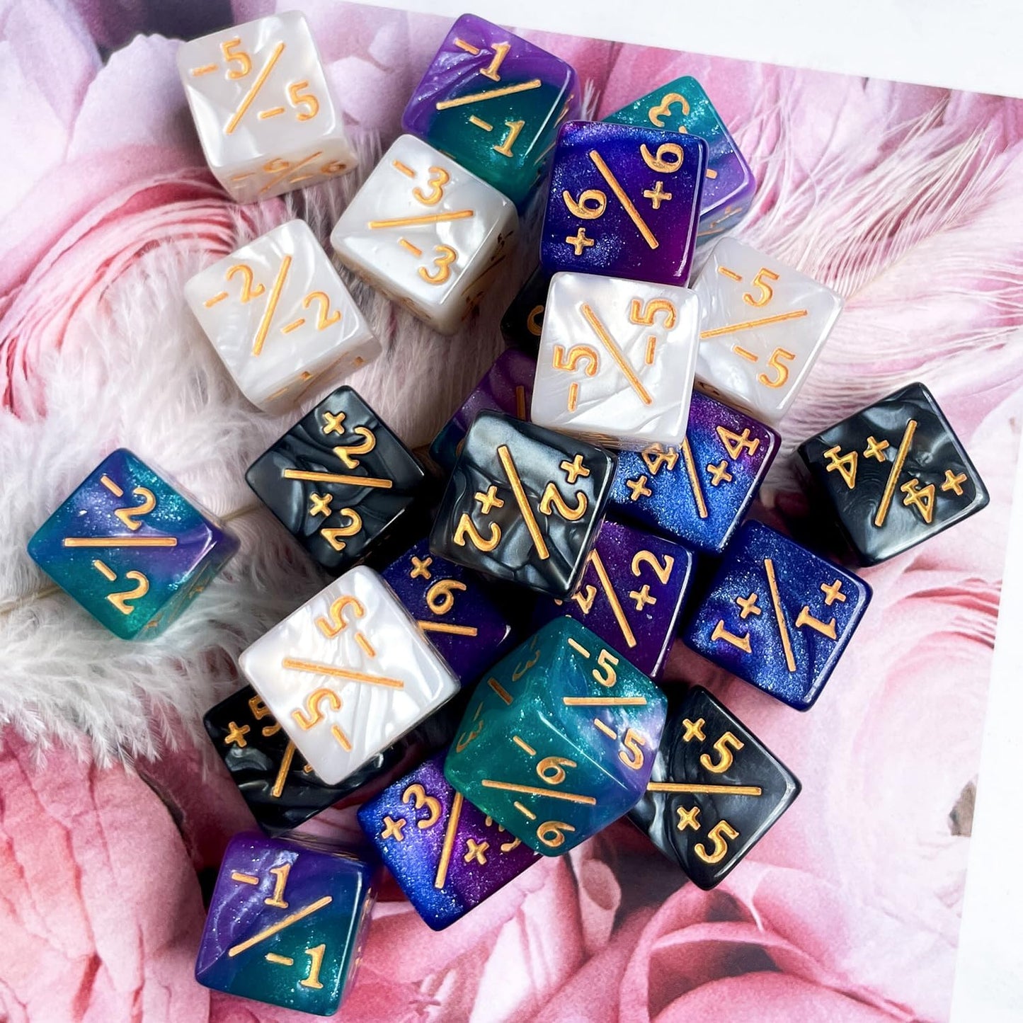 24Pieces Token Counter Dice| Galaxy Mix White Black D6 Dice Set for MTG CCG Board Game