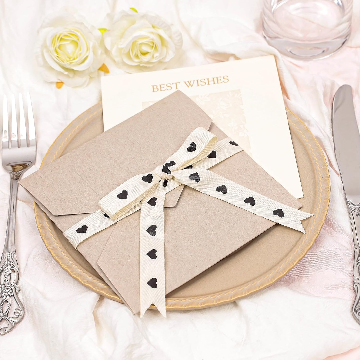 Black Hearts Ribbon - 5/8 Inch x 12 Yards Natural Twill Tape Ribbon, Cotton Herringbone Ribbons for Gift Wrapping, Birthdays, Weddings, Christmas, Anniversaries, Valentine's Day, Mother's Day