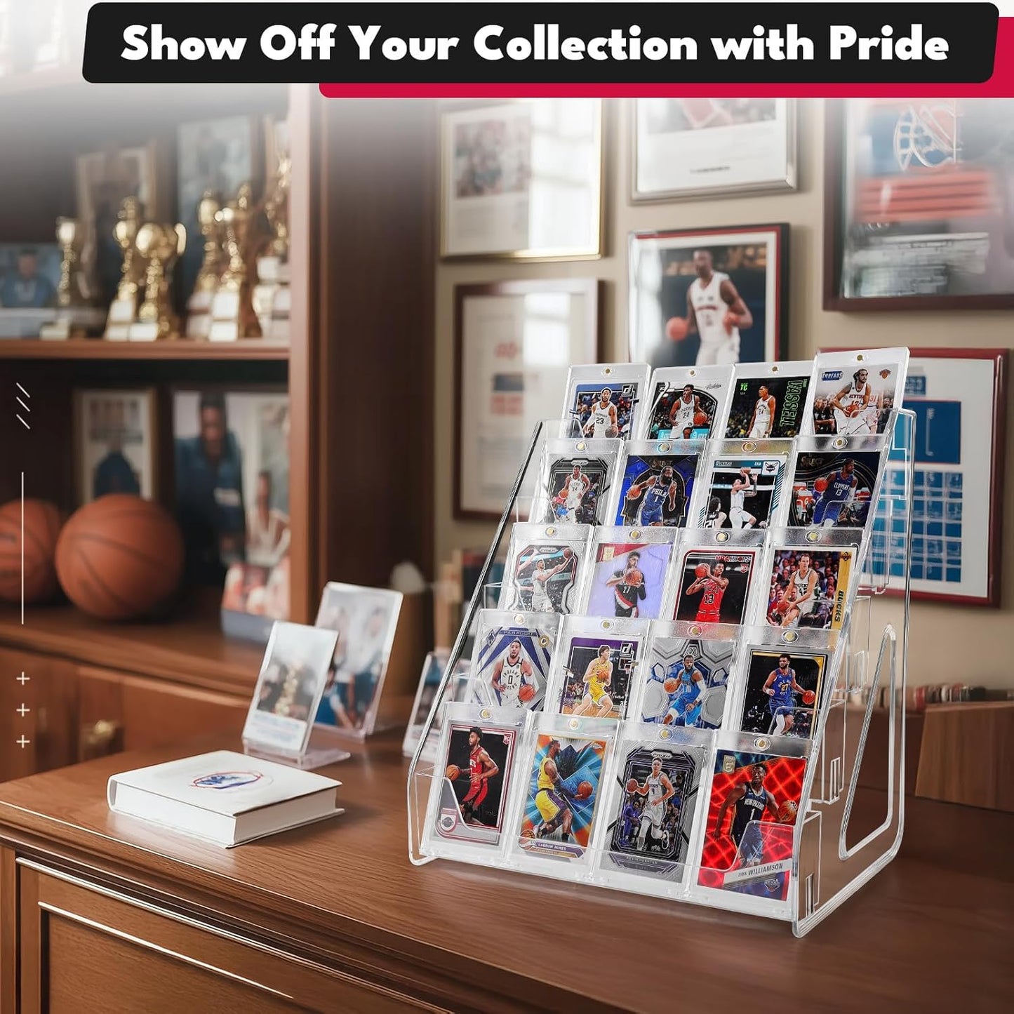 Trading Card Display Stand, Vertical Holder for Baseball Basketball Sports Graded Card Display Stand Tabletop for PSA BGS SGC Slabs, Snap-On Assembly(5 Tier, 2 Pack)