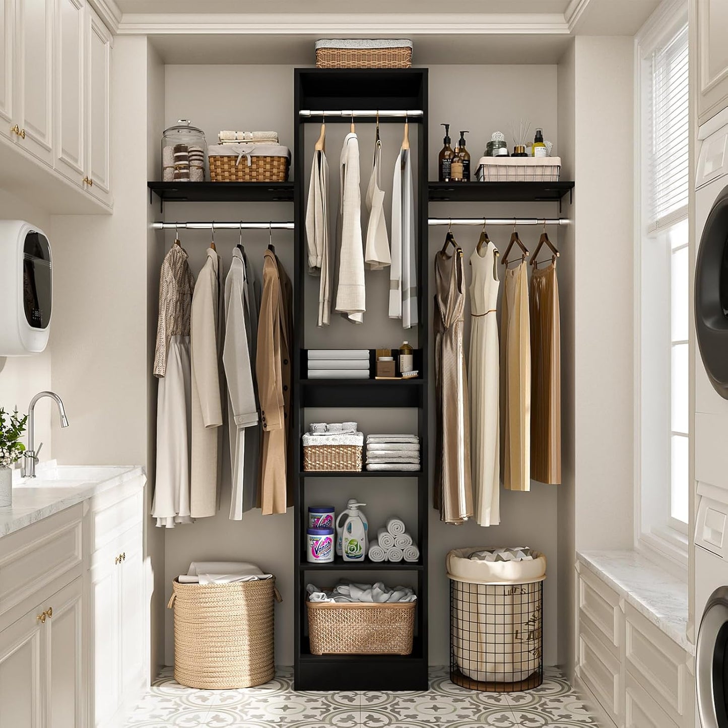48" Small Closet Organizer, 4FT Small Closet System with 4 Closet Rods & 3 Shelves, 80"H Small Closet Organizers and Storage for Small Bedooms, Cloakrooms, Laundry Rooms, Black