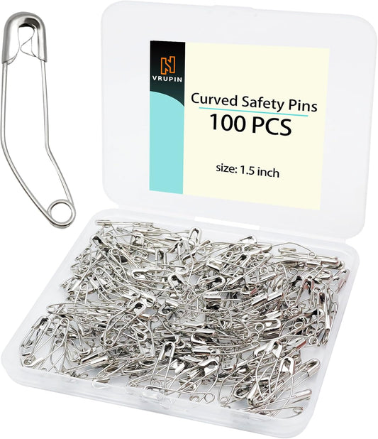 vrupin 100pcs Stainless Steel Curved Safety Pins for Quilting, Safety Pins Bulk Metal Silver Sewing Pins Clothing Clips Tool Decorative Safety pins (1.5inch)
