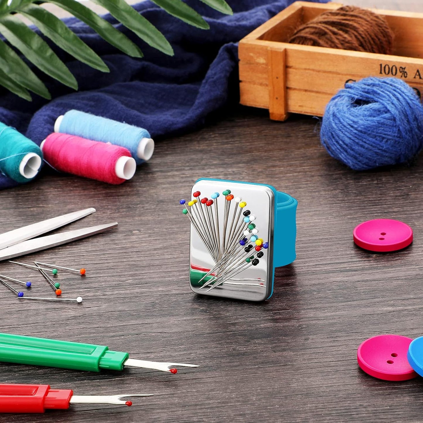 WILLBOND Magnetic Wrist Sewing Pincushion Wrist Magnetic Pin Holder Wristband Pin Cushion Holder with 3 Pcs Stainless Steel Pintail Comb Rat Tail Comb for Hair Clips Hand Sewing(Dark Blue)